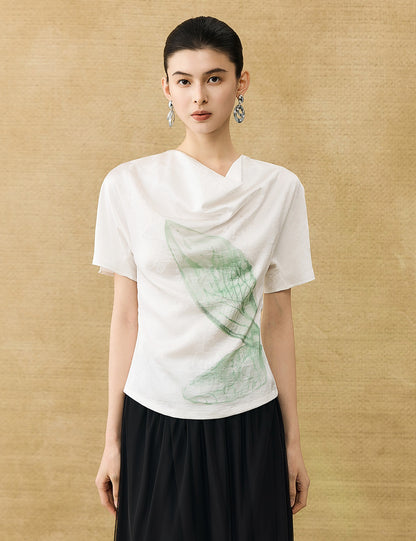 HECO Chinese Art Butterfly Print Swing Neck T-Shirt Waist Slim Top - CONJOR .