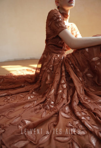 LE VENT&TES AILES Luxury French Disc Embroidered Sequin 3d Vintage brown Dress - LINA