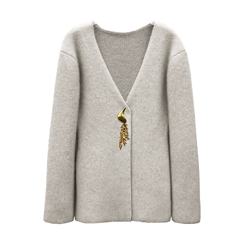 JACQUES WEI Gray-White Wool V-neck Knit Cardigan - HERO
