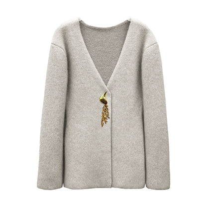 JACQUES WEI Gray-White Wool V-neck Knit Cardigan - HERO