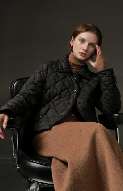 PIAOIN small rhombic short down jacket women's elegant warm winter style-SEAN