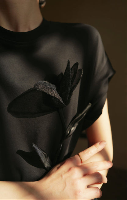 LE VENT&TES AILES  handmade Lush 100 cotton 3d flower short-sleeved top-Lyra