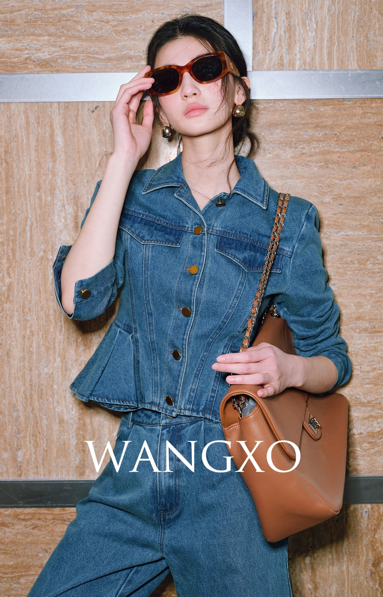 WANGXO| Flexible Cotton Denim Ruffle Top & Straight-Leg Pants- NAYA.