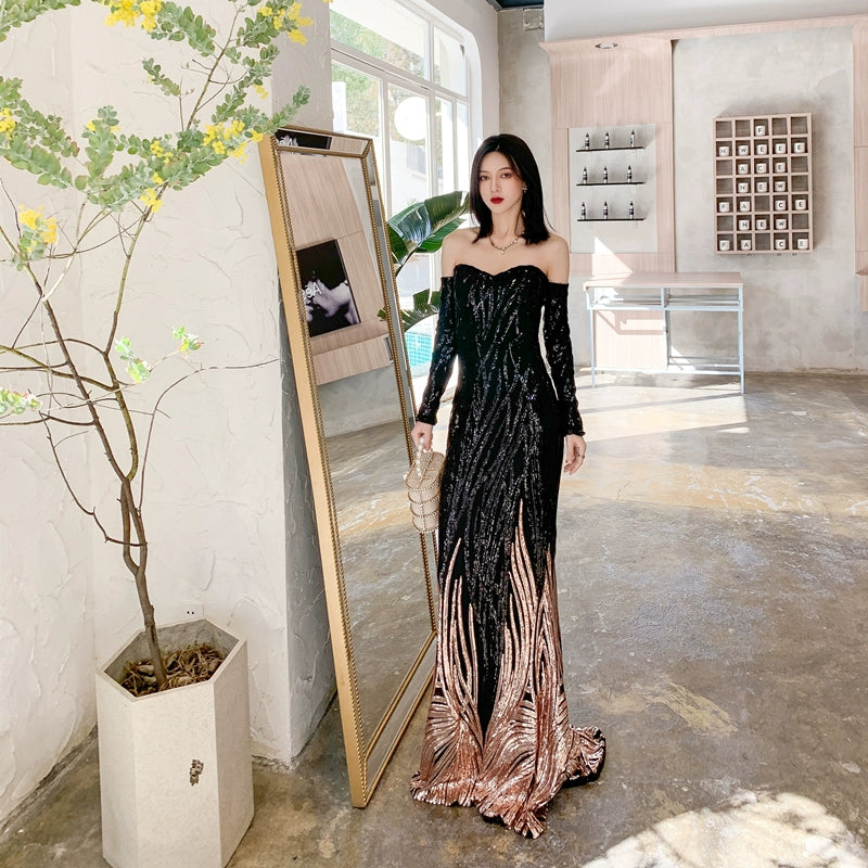 DOLLY High End Black Gold Chest Wrap Long Sleeve Off Shoulder Long Banquet Dress-KANTE