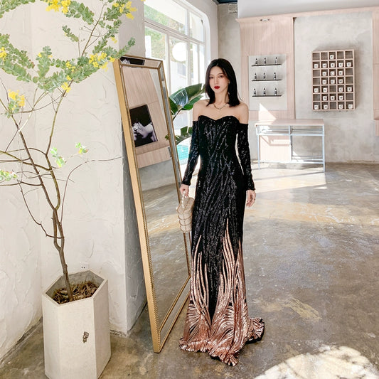 DOLLY High End Black Gold Chest Wrap Long Sleeve Off Shoulder Long Banquet Dress-KANTE