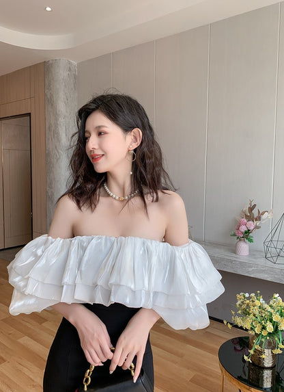 DOLLY Elegant Black and White Satin Off Shoulder Ruffled Tube Top Slim Fit Dress-MAG