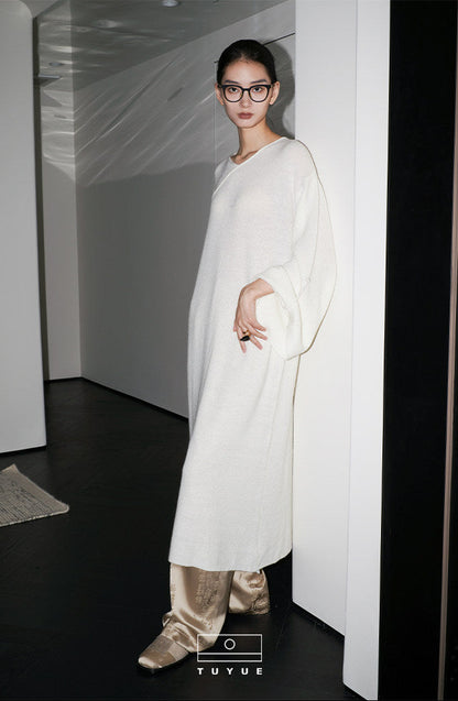 TUYUE Wool Crew Neck Slanted Placket Long Sleeve Knitted Dress - MARIA.