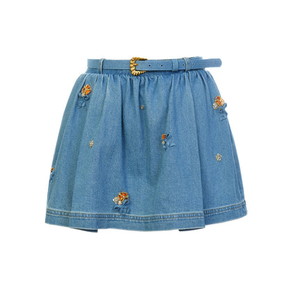 FAME flower beaded bow denim short skirt - SILVIA
