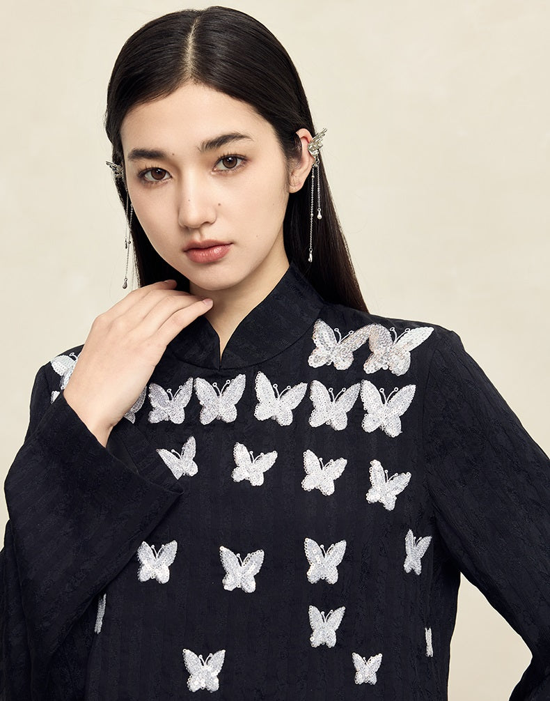 HECO Butterfly Beads Embroidered Stand-Up Collar black white T-Shirt - WORDS.