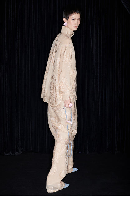 M essential Mackay Chazen silk jacquard disc button-up stand collar shirt pant set - eigiu.