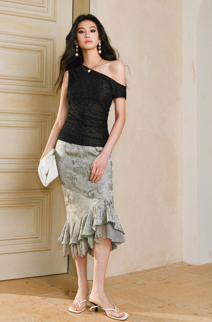 WANGXO Brilliant Radiant Acetate Bright Silk Heavy Handmade Slanted Shoulder Top - NELLA