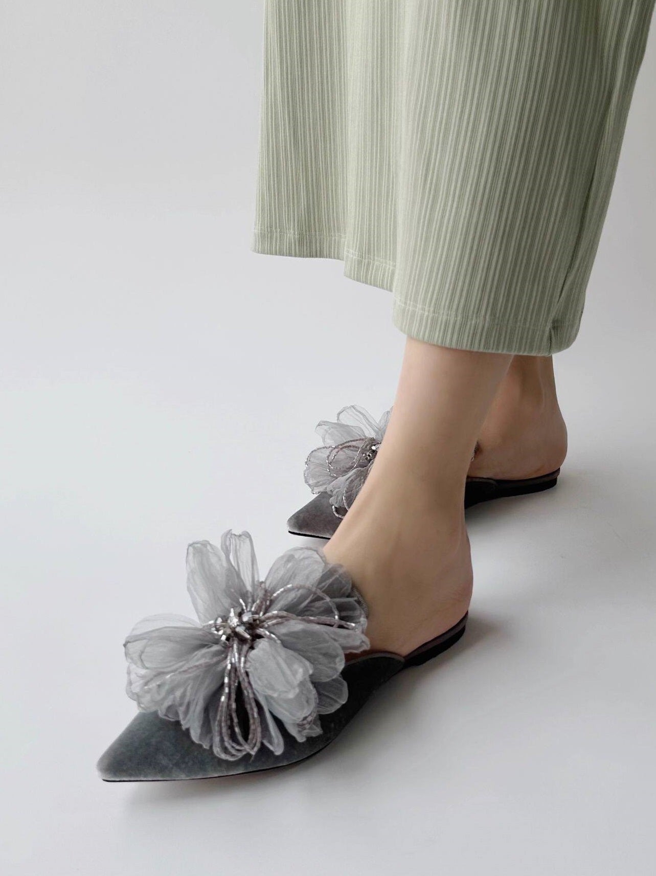 B-FEI flower embossed velvet pointed toe flat slippers-HAEIN.
