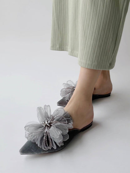 B-FEI flower embossed velvet pointed toe flat slippers-HAEIN.