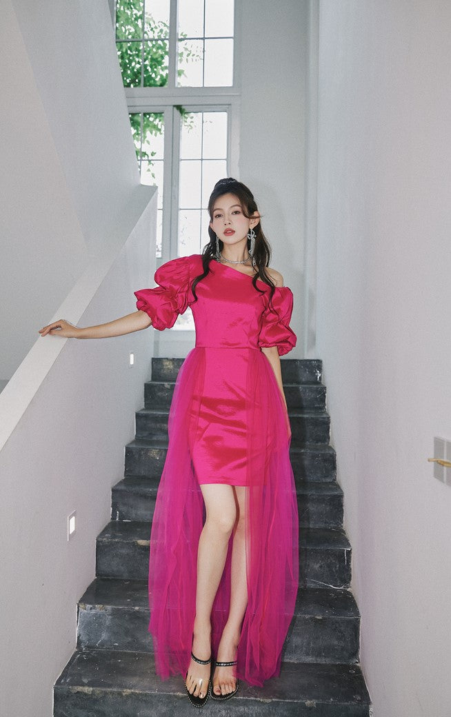 DOLLY Elegant Dark Green Retro Style Slant Collar Short Puff Sleeve Short Banquet Dress-CHITAH