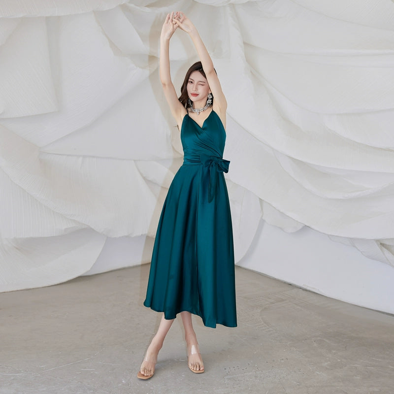 DOLLY Elegant French Style Satin V-Neck Sleeveless Backless Banquet Dress-XENA