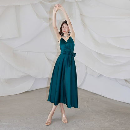 DOLLY Elegant French Style Satin V-Neck Sleeveless Backless Banquet Dress-XENA