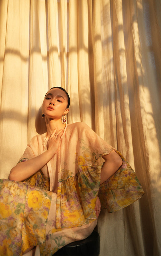 LE VENT&TES AILES Artistic 100% Silk  floral Printed Dress - NINA