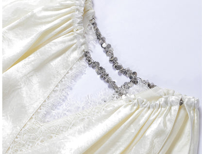 WANGXO| Acetate  Lace-Trimmed Metal Chain Halterneck V-Neck Pleated Top -AYRA.