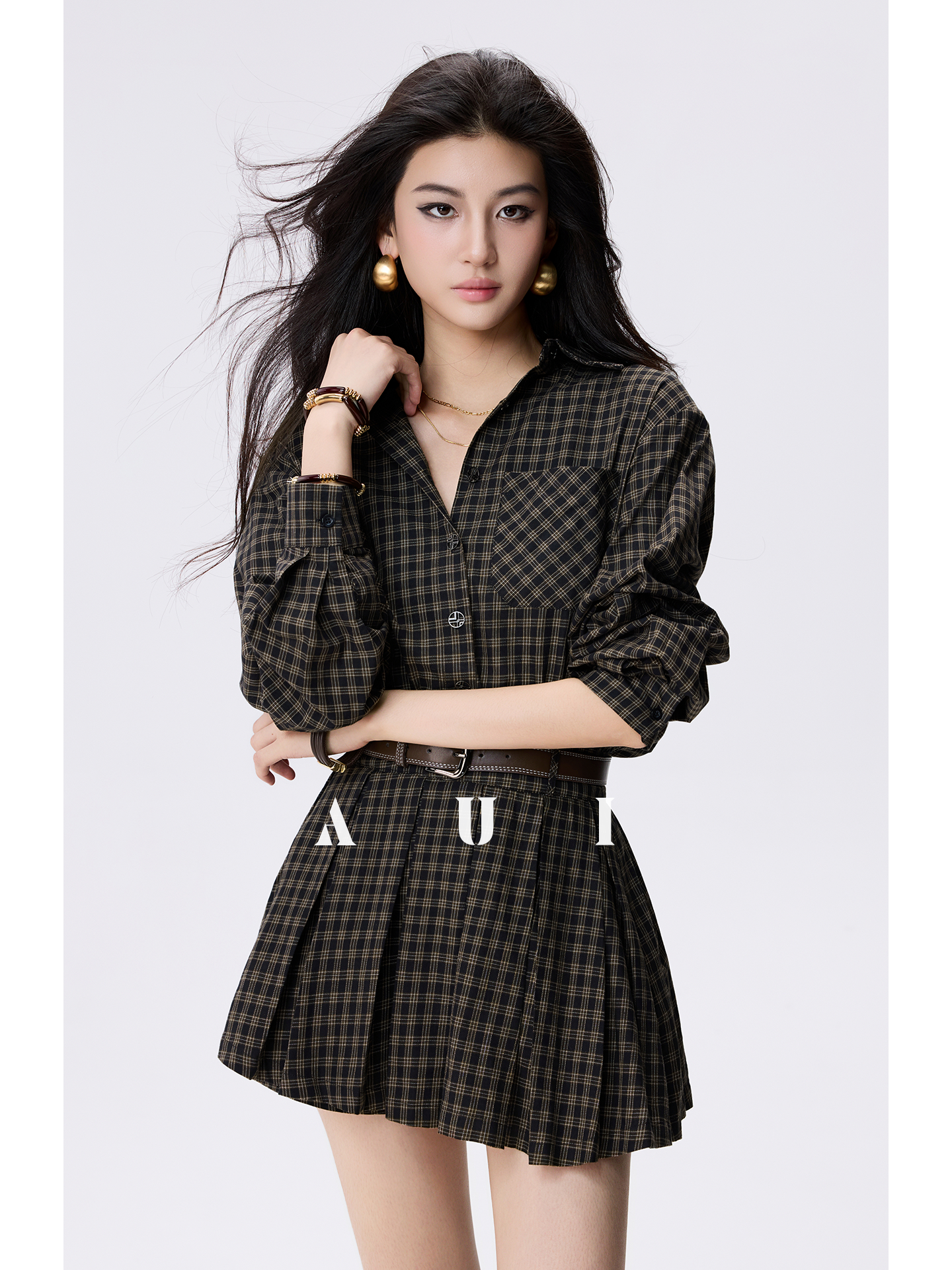 AUI Celebrity Temperament Plaid Shirt Slim POLO Dress - Ga-Ram