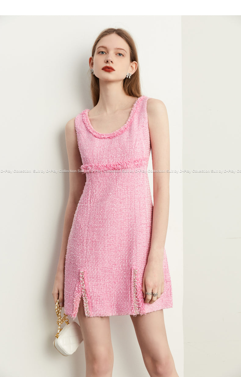 Fall Autumn light luxury bubblegum pink short sleeveless dress - Cien