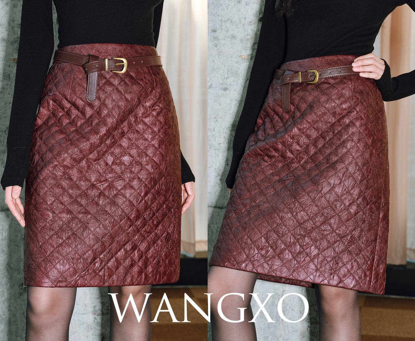 WANGXO | Raw Sheepskin-Pressed Leather High-Waisted Quilted Mini Skirt -TESA.