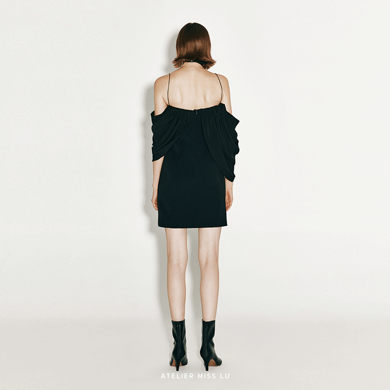 ATELIER MISS LU Irregular Draped Off-the-Shoulder Slip Dress - ABRAHAM