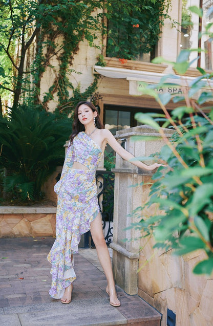 DOLLY Elegant Slant Collar Long Puff Sleeve Hollow Irregular Ruffled Hem Dress-KIERA