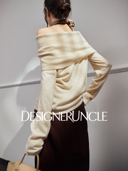 DGU| Dark gray knitted striped slanted shoulder buttons loose design pullover top - Joseph.