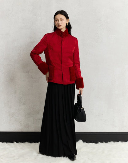 HECO 100% viscose High Neck Fur Collar red black Cotton Suit Women - entity.