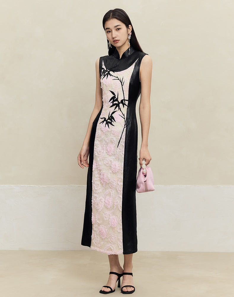 HECO Embroidered Acetate Cheongsam Sleeveless Midi Dress - what.