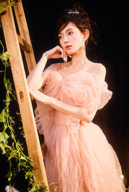 DOLLY Elegant Pink Sleeveless Big Bow Long Pleated Sequin Award Night Dress-CLEO  (V)