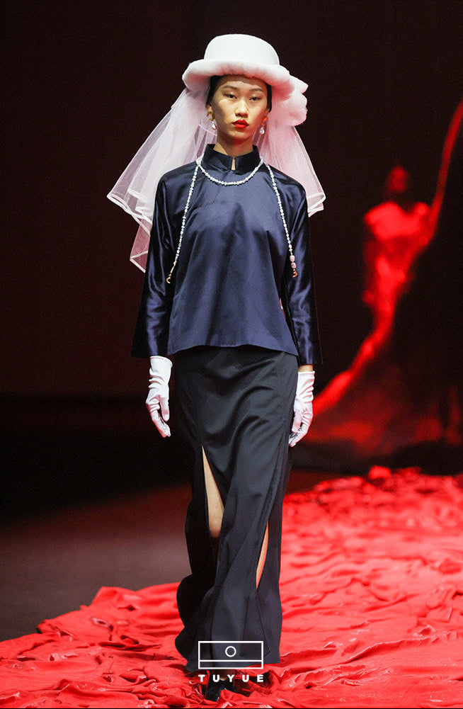 TUYUE Ancient Tailoring Silk Satin Dark Blue Pipa Placket Robe Dress Top- CATHERINE.