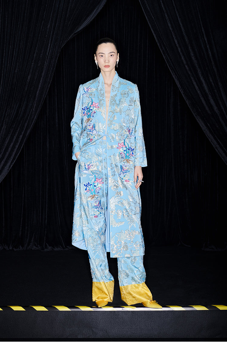 M essential Mackay designer blue butterfly embroidery robe dress pants set - break.