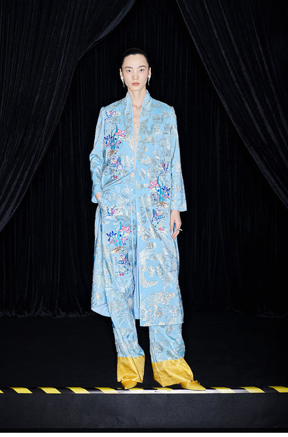M essential Mackay designer blue butterfly embroidery robe dress pants set - break.
