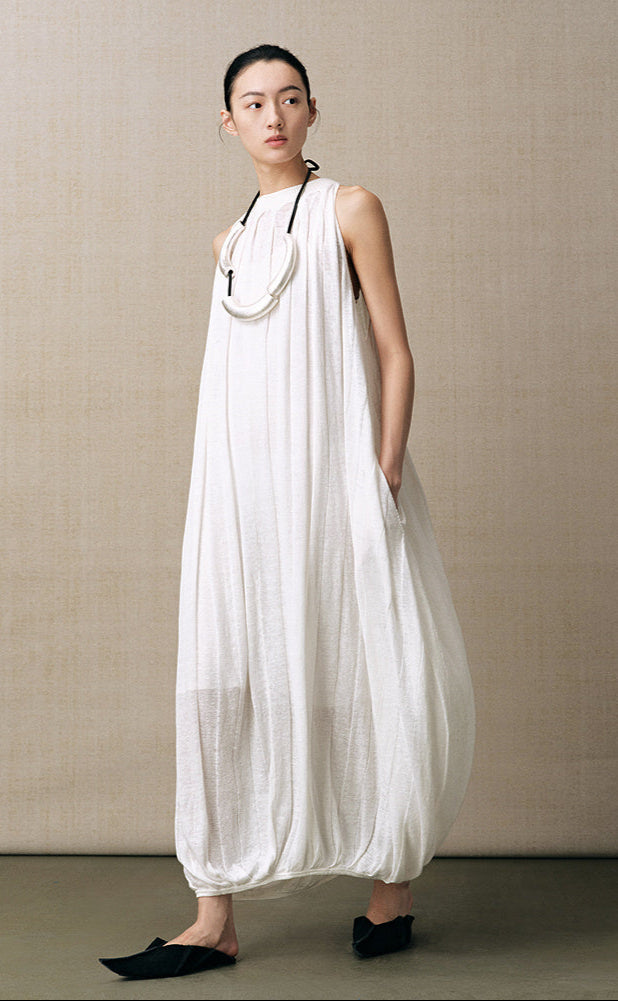 ZHUCHONGYUN white sleeveless gathered neckline balloon hem dress-NID.