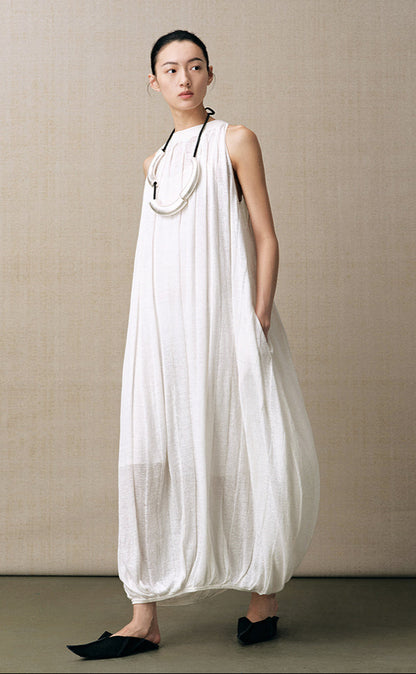 ZHUCHONGYUN white sleeveless gathered neckline balloon hem dress-NID.