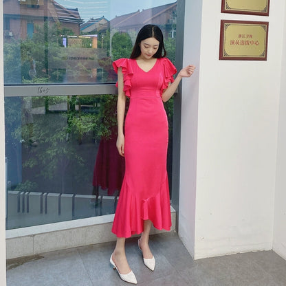 DOLLY Luxury Pink French Style V-Neck Ruffle Sleeve Long Wedding Guest Dress-MARON