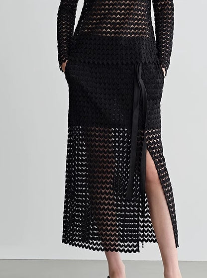 COMME MOI  women's black cut-out side slit straight skirt - DELIAH.