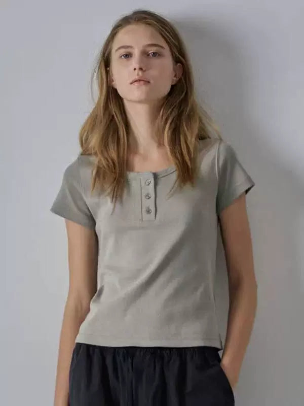 Nothing Written short sleeve t-shirt simple slim fit solid color casual crop top-LUNA.