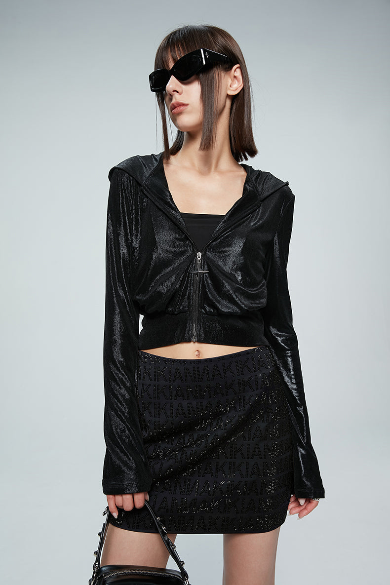 ANNAKIKI designer style back logo hot diamond waist hooded jacket-DAIKI