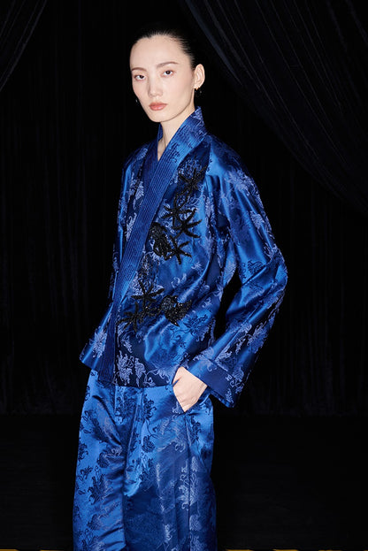 M essential Mackay designer sea green jacquard gag fish algae pattern nail bead jacket - ZYAN.