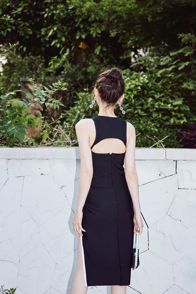 DOLLY High End Black and White V-Neck Sleeveless Slim Fit High Slit Sexy Dress-ESTER