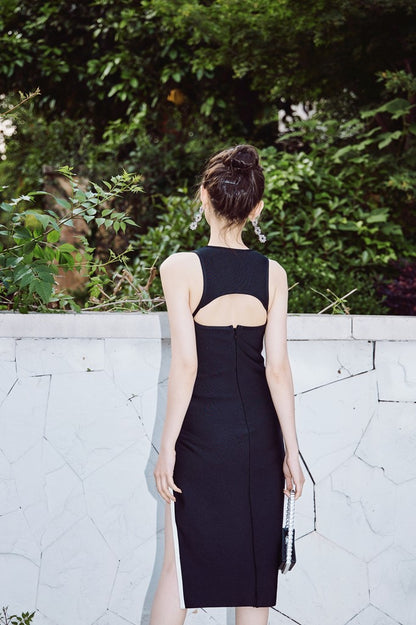 DOLLY High End Black and White V-Neck Sleeveless Slim Fit High Slit Sexy Dress-ESTER