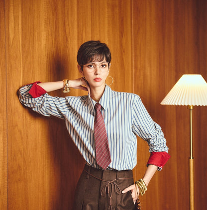 ANNASPEAK cotton up-and-down loose slimming striped long-sleeved long shirt-KILO.