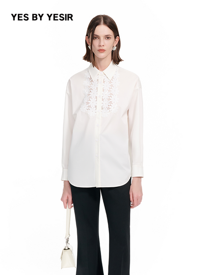 YES BY YESIR |  Stitched Lace Detail White Long-Sleeved Shirt -AMARIELLE.