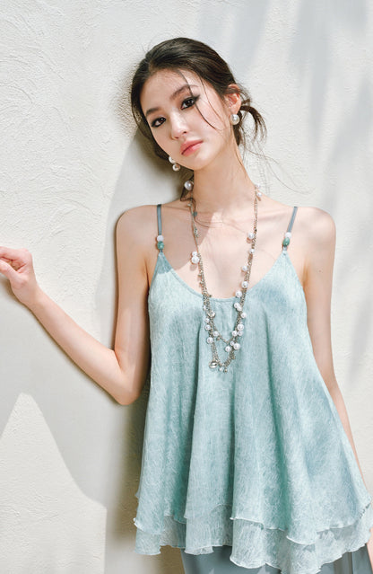 WANGXO | Silky Smooth Double-Sided Satin Top Glass Beaded Umbrella Hem Suspender Skirt Set -ELVA