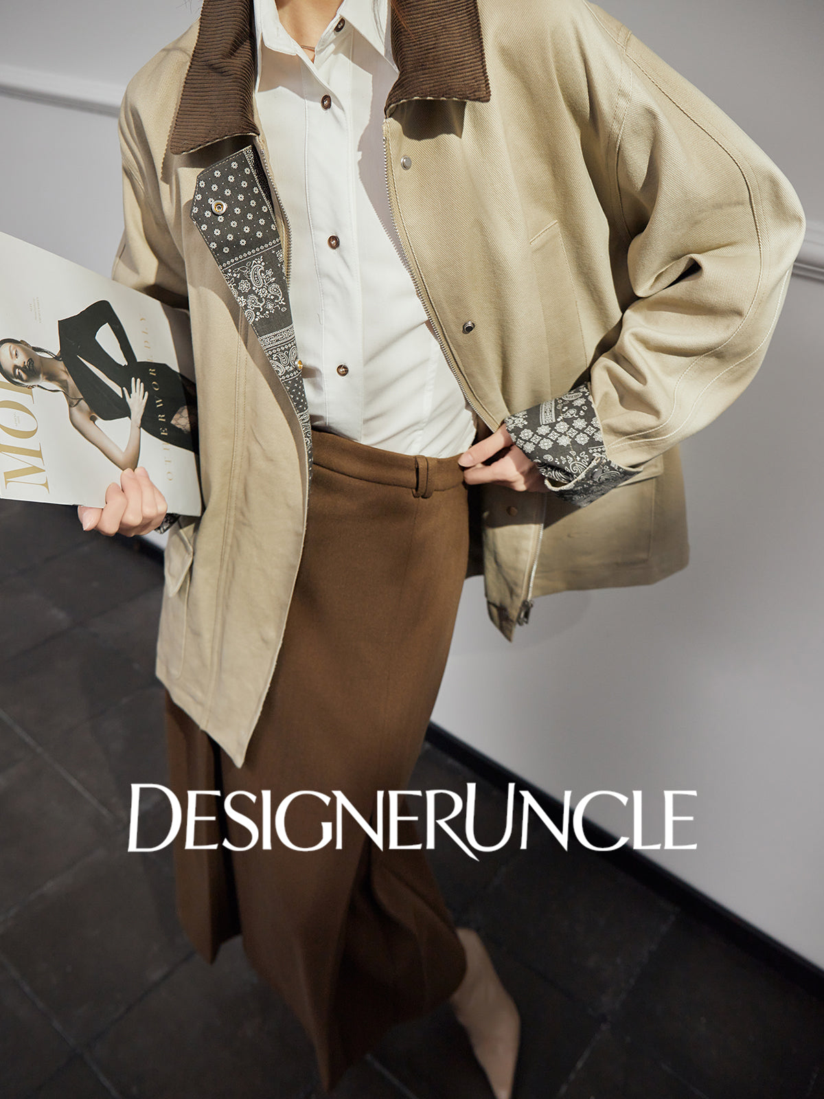 DGU "Mu Brown" retro khaki jacket retro loose slimming versatile top - Wilhelmina.