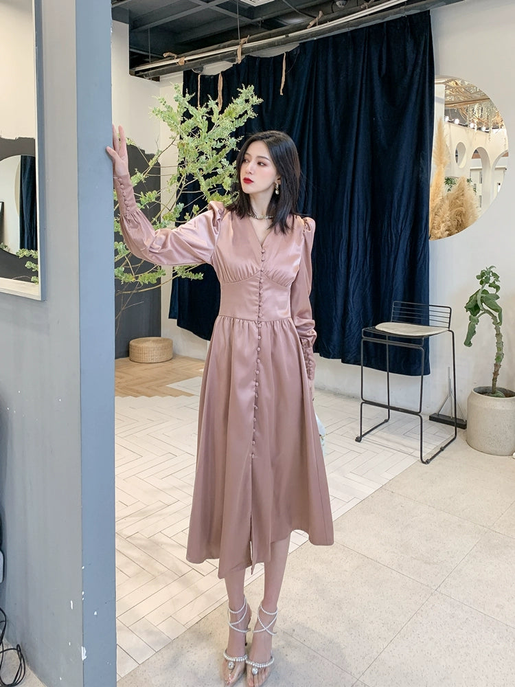 DOLLY Elegant V-Neck Long Lantern Sleeve Long Button Church Dress-NANA