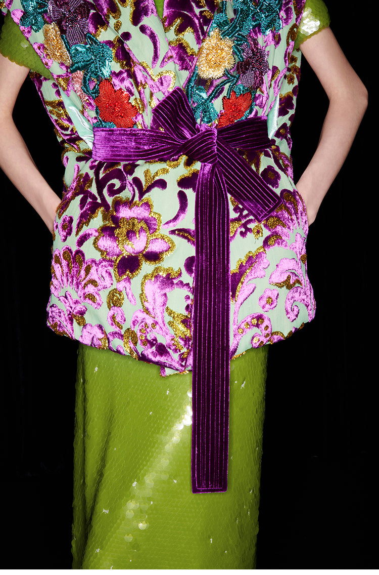 M essential Mackay luxury multi-color embroidered gilet vest top sequin green skirt - twelve