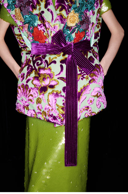 M essential Mackay luxury multi-color embroidered gilet vest top sequin green skirt - twelve